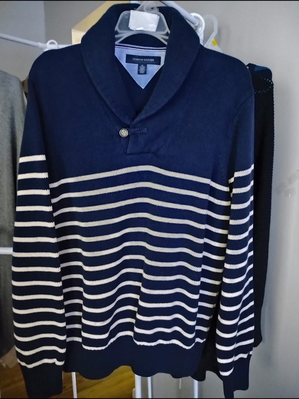 Tommy Hilfiger Men Navy/White Striped Shawl-Collar Pullover Long Sleeve Sweater